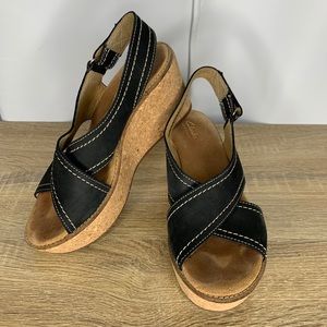 Clarks Artisan Leather Wedges Black  Shoes Women's 7